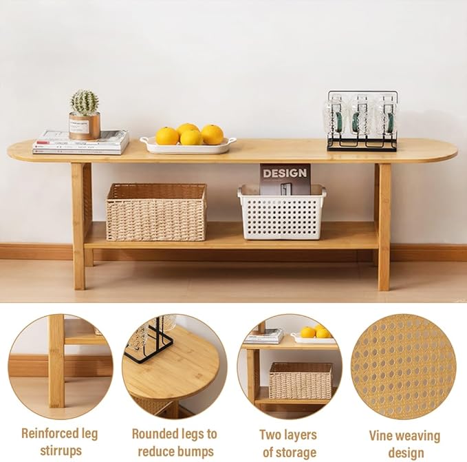 Tiita TV Stand with Storage for TVs up to 65'', Bamboo TV Console Entertainment Center with 2 Open Shelf, Mid Century Modern Media Console for Living Room, Bedroom, Wood