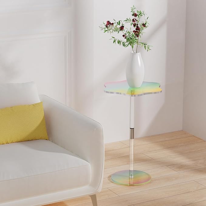 Clear Side Table Rainbow Small Acrylic End Tables 13.8 * 11.6 H: 21.3 Inch Modern Flower-Like Shape Drink Table for Small Spaces Sturdy Easy Assembly for Living Room Balcony Garden Office (1 Pack)