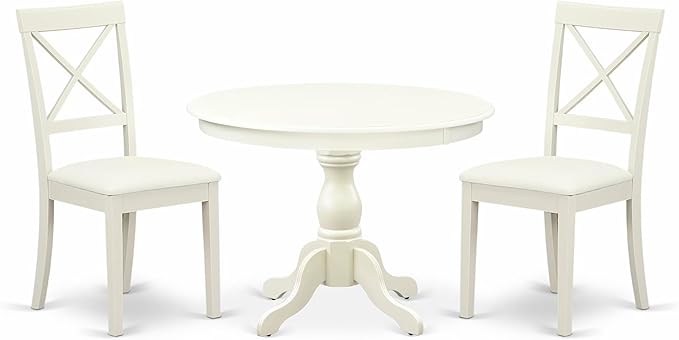 East West Furniture HBBO3-LWH-C 3 Piece Modern Dining Table Set Contains a Round Wooden Table with Pedestal and 2 Linen Fabric Kitchen Dining Chairs, 42x42 Inch, Linen White