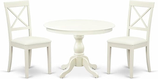 East West Furniture HBBO3-LWH-C 3 Piece Modern Dining Table Set Contains a Round Wooden Table with Pedestal and 2 Linen Fabric Kitchen Dining Chairs, 42x42 Inch, Linen White