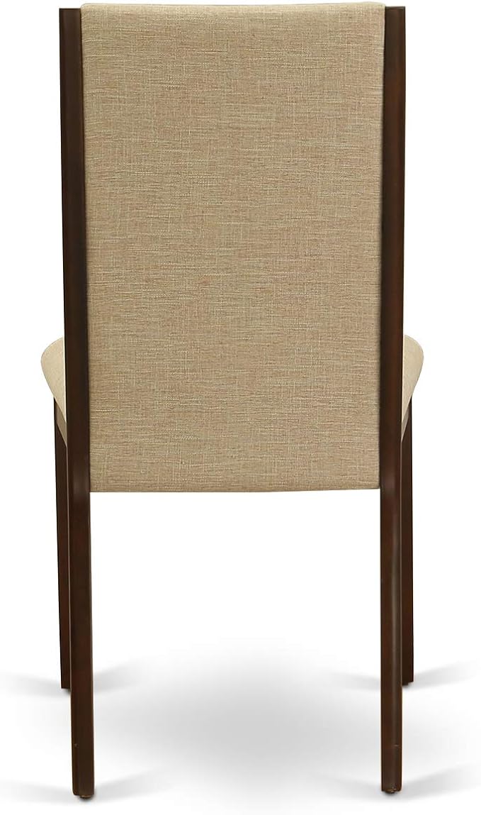 East West Furniture ESLA3-MAH-04 3 Piece Kitchen Table & Chairs Set Contains a Round Dining Room Table with Pedestal and 2 Light Tan Linen Fabric Parsons Chairs, 30x30 Inch, Mahogany