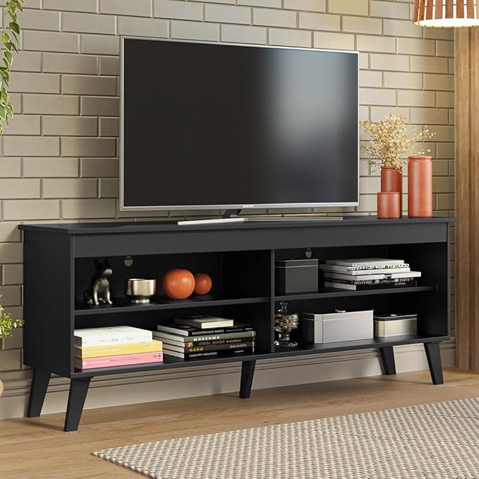 Madesa TV Stand Unit with 4 Shelves and Cable Management for 55, 65 Inch Media 1 Storage Gaming Media Console Living Room and Bedroom Entertainment Center Modern Wooden Television Cabinet - Black