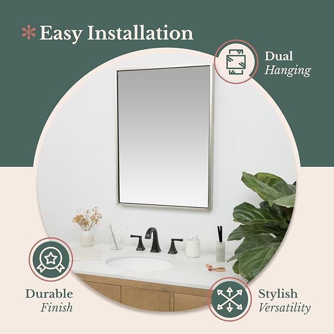 Hamilton Hills 30x40 inch Polished Silver Metal Framed Wall Mounted Mirror - Large Rectangular Bathroom Mirror - 1/2 inch Floating Frame Vanity Nickel Glass - Hangs Horizontal or Vertical