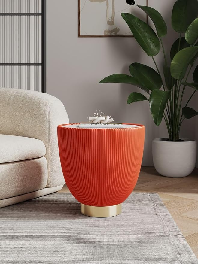 Manhattan Comfort Anderson Modern 18" Round End Table 2.0 | Ceramic Marble Tabletop, Elegant Pleated Leatherette Design & Gold Stainless Steel Base, Fully Assembled Accent Furniture, Set of 1, Orange