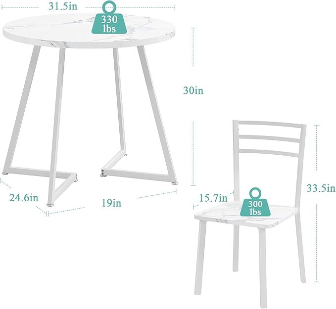 VECELO Small Round Dining Table Set for 2, Wood Tabletop with Strong Metal Frame, Modern Dinette with Chairs for Kitchen, Breakfast Nook Living Room, Faux Marbled & White