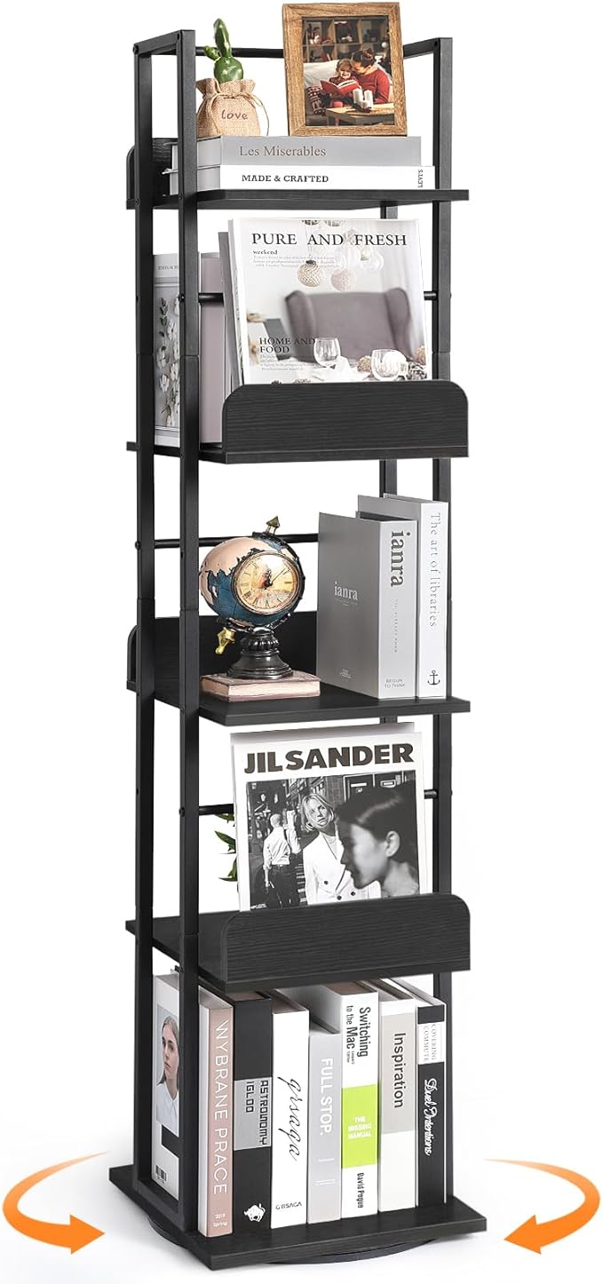 Bikoney Rotating Bookshelf, 5-Tier Bookshelves Tower for Corner, Small Narrow Bookcase, Tall Industrial Bookshelf, Wood and Metal Black