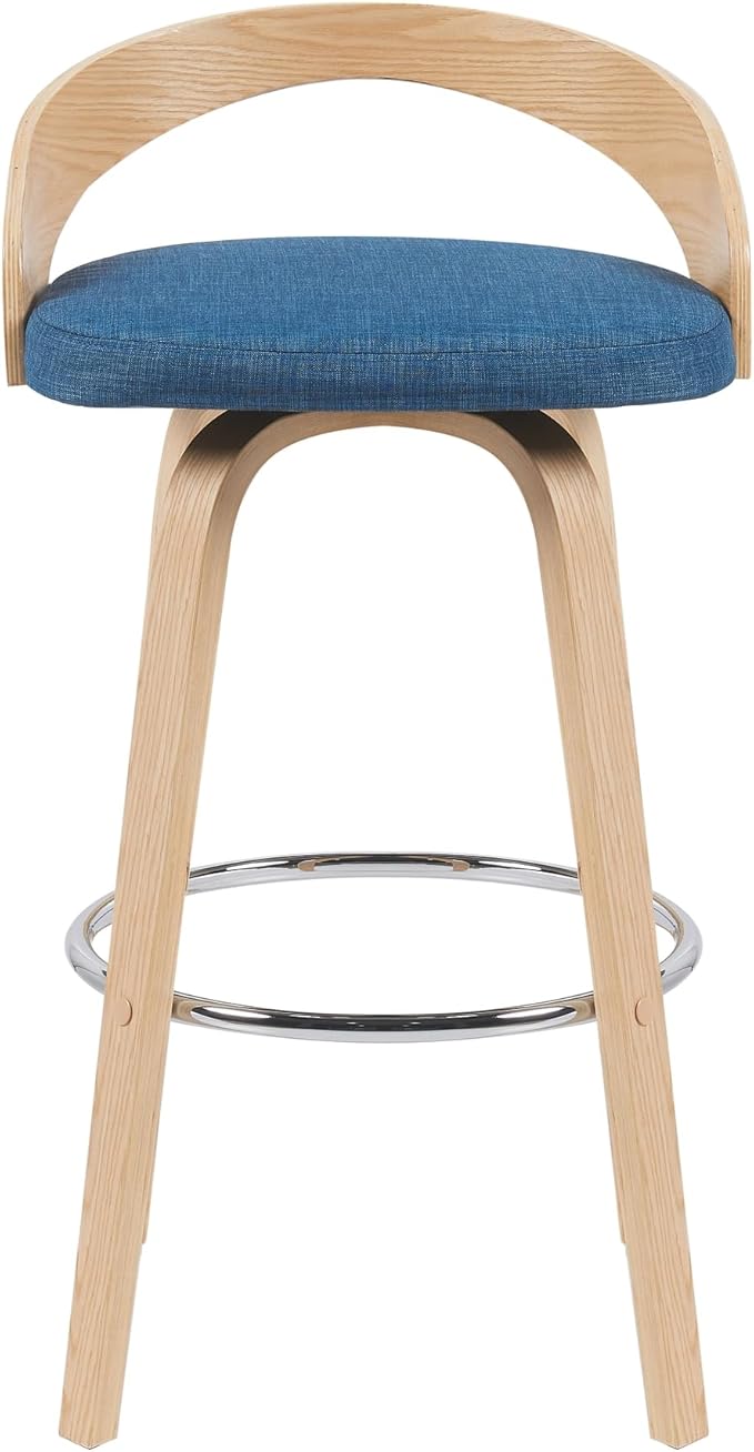 Sonia Modern Swivel Bar Height Stool with Blue Upholstered Seat and Patterned Oak Wood Finish Set of 4