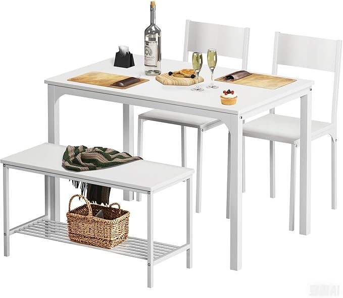 soges 4-Piece Dining Table Set with Bench - 4 Person Kitchen Table and 2 Chairs for Small Spaces, Apartment - Metal Frame & Woodgrain Tabletop, Space-Saving Design, Durable & Easy to Clean, White