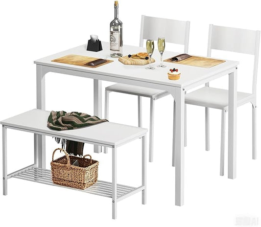 soges 4-Piece Dining Table Set with Bench - 4 Person Kitchen Table and 2 Chairs for Small Spaces, Apartment - Metal Frame & Woodgrain Tabletop, Space-Saving Design, Durable & Easy to Clean, White