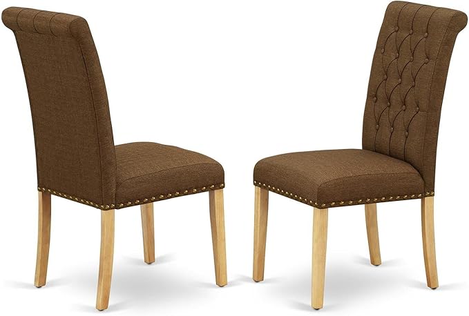 East West Furniture BRP4T18 Bremond Parson Kitchen Chairs - Button Tufted Nailhead Trim Brown Linen Linen Fabric Upholstered Dining Chairs, Set of 2, Oak