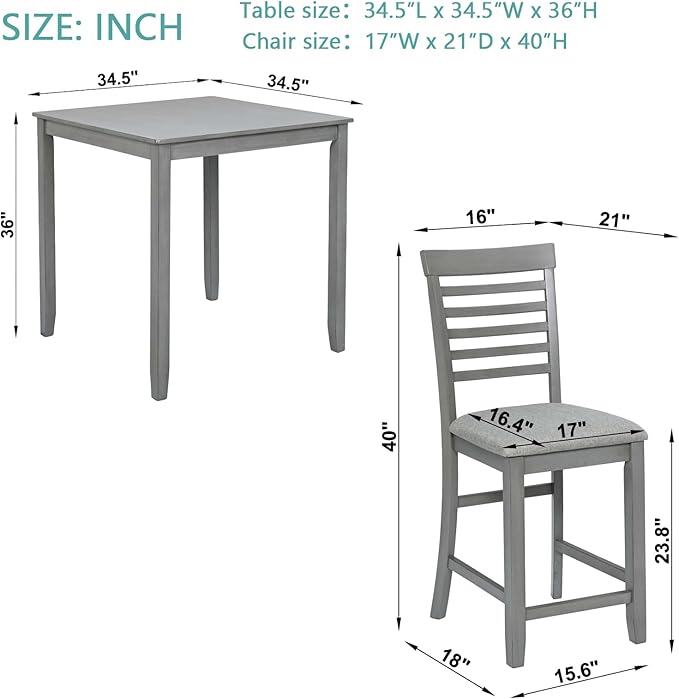 KEIKI 5-Piece Counter Height Dining Table Set with Square Table and 4 Upholstered Ladder Backrset Chair, for 4 Person, Modern Style Wooden Table Set, Easy Assembly, for Kitchen, Dining Room, Gray