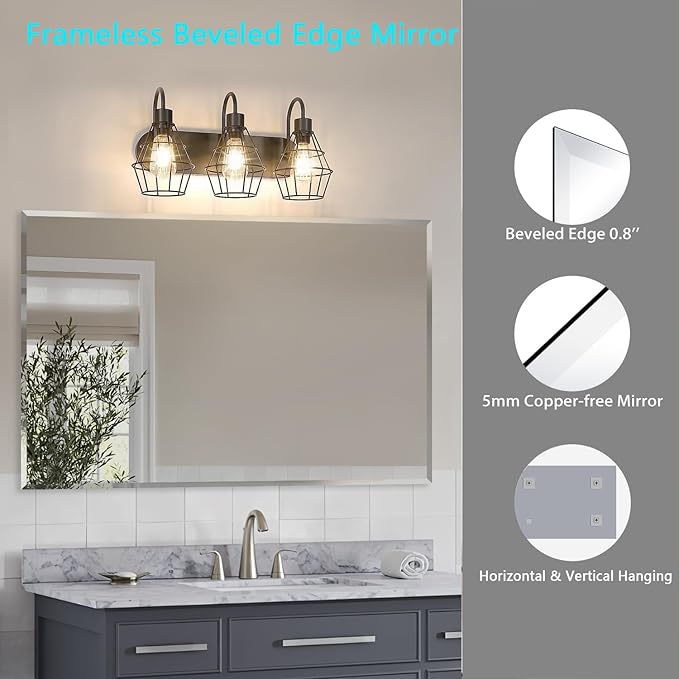Frameless Beveled Edge Bathroom Mirror 38x26 Inch Rectangle Wall Mirror Explosion Proof and Shatterproof Bathroom Vanity Mirror Wall Mounted Hang Firmly (Horizontal or Vertical)