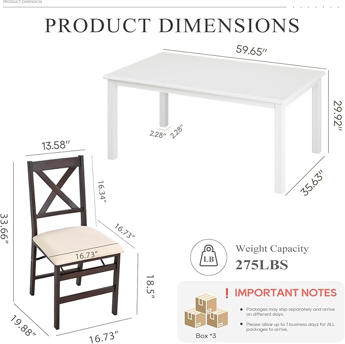COLAMY 60 Inch Rectangular Kitchen Dining Table for 4, Modern Farmhouse Dining Table Set for 4, Wood Dining Table and Folding Dining Chairs for Kitchen, Dining Room, Restaurant, White/Beige