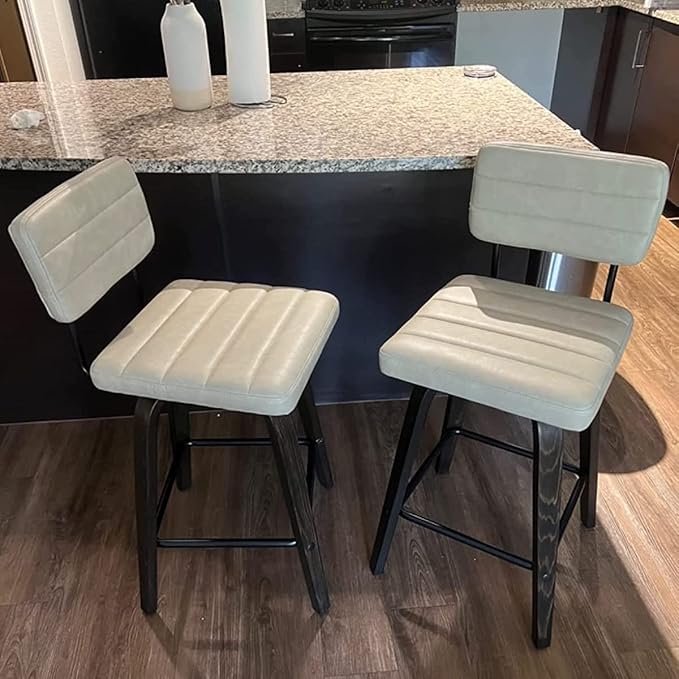 Swivel Bar Stools Set of 2, Counter Height, Wooden Frame, PU Leather Cushions, Beige