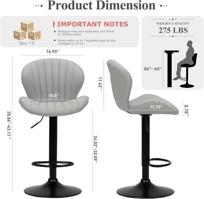 COLAMY Bar Stools Set of 6, Modern Swivel Bar Chairs, Adjustable Faux Leather Upholstered Barstools Counter Height with High Backrest for Bar, Kitchen Island, Dining Room, Grey