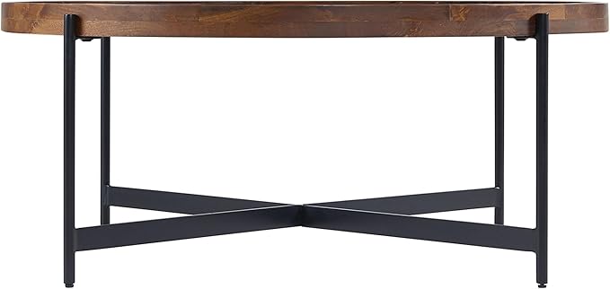 Brookline Solid Acacia Wood 42-Inch Round Coffee Table with Black Powder-Coated Metal Legs – Rustic Industrial Modern Farmhouse Living Room Furniture by Alaterre