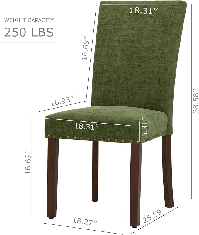 COLAMY Upholstered Parsons Dining Chairs Set of 2, Fabric Dining Room Kitchen Side Chair with Nailhead Trim and Wood Legs - Green