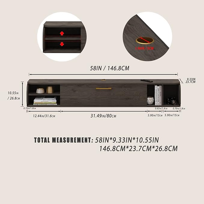Floating TV Unit, 58'' Wall Mounted TV Cabinet, Floating Shelves with 4 Cabinets, Wooden Entertainment Media Console Center Large Storage TV Bench for Living Room & Office (58IN, Dark Grey)
