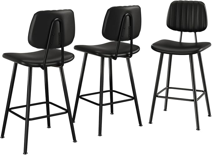 24-Inch Leather Bar Stools Set of 3, Counter Height Barstools with High Backrest，Bar Chairs for Kitchen Island with Heavy Duty Metal Legs, Black