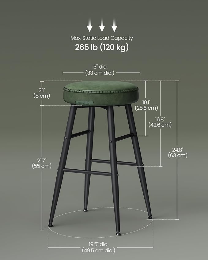 VASAGLE EKHO Collection - Bar Stools Set of 2, Counter Height Bar Stools, Kitchen Counter Stools, Mid-Century Modern Backless Counter Stools, 24.8-Inch Tall, Kitchen Island Home Bar, Forest Green