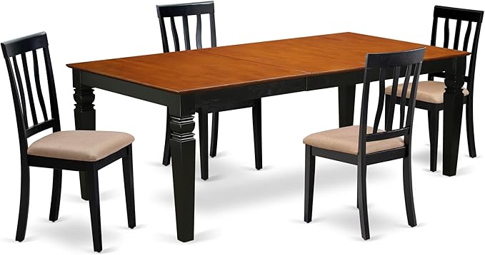 East West Furniture LGAN5-BCH-C 5 Piece Kitchen Table Set for 4 Includes a Rectangle Dining Room Table with Butterfly Leaf and 4 Linen Fabric Upholstered Chairs, 42x84 Inch, Black & Cherry