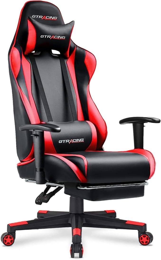 GTRACING Gaming Chair with Footrest, Ergonomic Computer Game Desk Chair, Reclining Gamer Chair Seat Height Adjustment, Swivel Rocker with Headrest and Lumbar (Brickred)