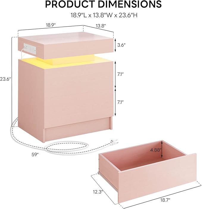LIKIMIO Night Stand with Charging Station, Modern Pink Nightstand with LED Light and Drawers, Bedside Tables/End Table for Bedroom