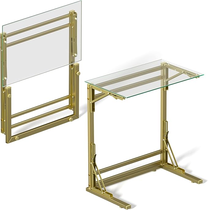 Tatub 24" Folding TV Tray Table Set of 2, Glass C Shaped End Table for Couch, Small Sofa-Side Laptop Desk with Gold Metal Frame for Living Room, Bedroom, Bedside