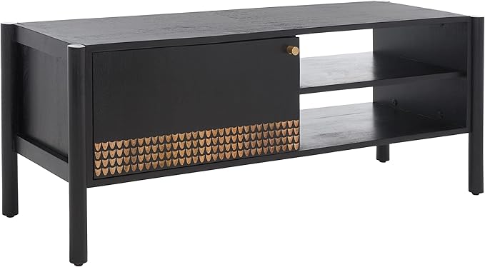 SAFAVIEH Home Collection Errington Black/Gold Accents Solid Wood 2-Shelf Media Stand