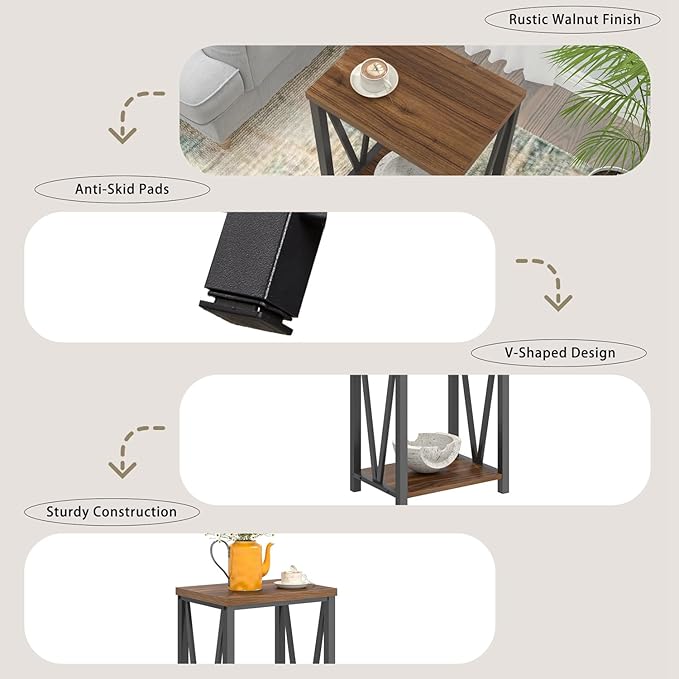 FOLUBAN Small End Table, Rustic Wood and Metal Side Table with Storage, Modern Night Stand for Living Room Bedroom Office, Walnut
