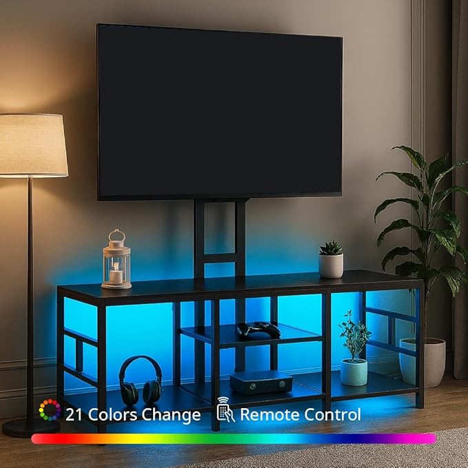 LUCKLIFE TV Stand with Charging Station for TVs up to 70 Inch，Entertainment Center with LED Light and Open Storage Shelves，Modern Media Console Table for Living Room,Bedroom,Modern Black