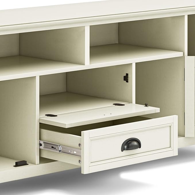 SIMPLIHOME Burlington SOLID WOOD 72 Inch Wide Transitional TV Media Stand in Antique White for TVs up to 80 Inches, For the Living Room and Entertainment Center
