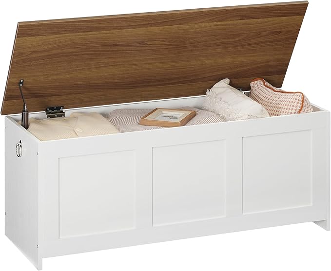 HOOBRO Storage Bench, 39.3" Retro Wooden Storage Chest, Wooden Storage Trunk, Toy Chest with Lift Top, Multifunctional Entryway Organizer, for Entryway, Living Room, White and Walnut WH141CW01