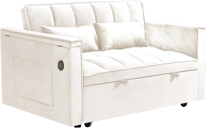 Ball & Cast 55" 3 in 1 Sleeper Sofa Bed Velvet Upholstered Pull Out Couch with Adjustable Back & 2 Pillows,Convertible Futon Sofa Bed W/Hidden Side Table,Side Pocket & USB Port,for Living Room,Beige