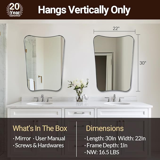 ANDY STAR Chrome Mirror for Bathroom, 22x30 Inch Asymmetrical Mirror, Polished Chrome Bathroom Vanity Mirror with Rust-Proof Stainless Steel 1’’ Frame, Unique Shape for Home Remodel
