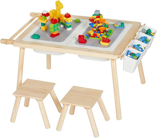 5-in-1 Kids Sensory Table and Chair Set – Wooden Sand and Water Play, Building Blocks, Study, Dining, Toy Storage, Children's Gifts for Boys and Girls