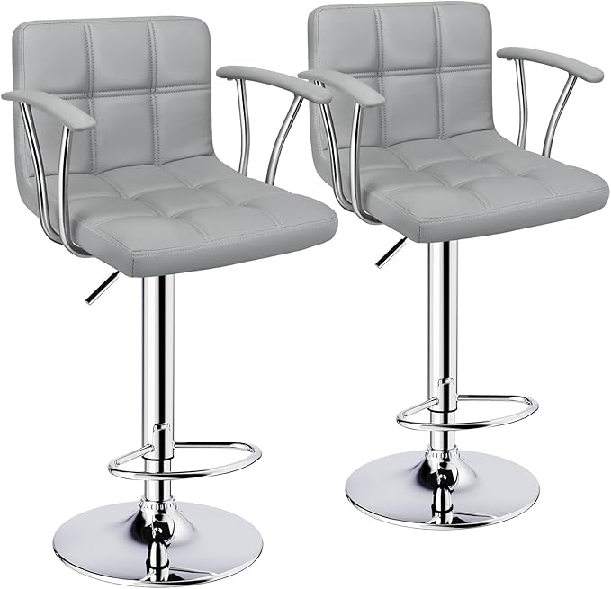Bar Stools Set of 2,Armrest Adjustable Swivel Barstools with Back,Double Needle PU Leather Counter Height Bar Stools for Kitchen Island, Light Grey