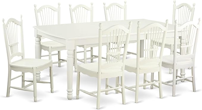East West Furniture DOVE9-LWH-W 9 Piece Dining Room Furniture Set Includes a Rectangle Wooden Table with Butterfly Leaf and 8 Kitchen Dining Chairs, 42x78 Inch, Linen White