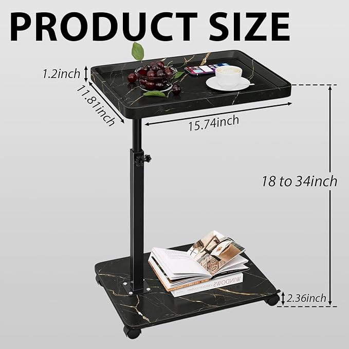 Simcat C Table End Table Adjustable Height, C Shaped Side Table with Wheels, 360° Swivel TV Tray Table, Sofa Side Tables for Small Spaces/Living Room/Bedroom/Bathtub/Hospital