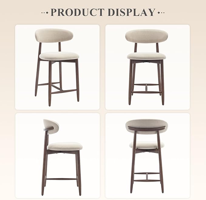 Upholstered Counter Height Bar Stools Set of 6, Kitchen Island Stools with Back, Modern Counter Stools Island Bar Chairs with Wood Legs for Kitchen Island Dining Room Bar, Beige