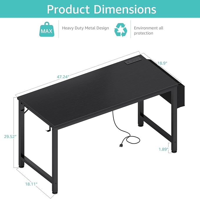 Lufeiya Gaming Desk with Power Outlet, 47 inch Teen Study Table Home Office Work Writing Computer Desks with Charging Station Outlets Built in, Black