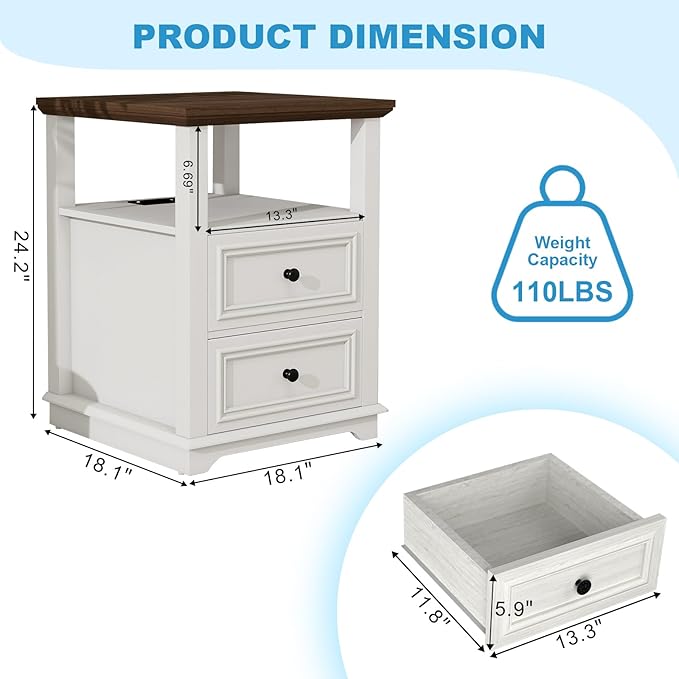 Vipbear Farmhouse Nightstand 18" White End Table with Charging Station & 2 Drawers, Rustic Bedside Table with Storage Shelf for Bedroom, Living Room,18.1" D x 18.1" W x 24.2" H