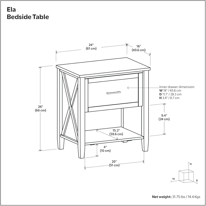 SIMPLIHOME Ela SOLID WOOD 24 Inch Wide Transitional Bedside Table in Smoky Brown, For the Living Room and Bedroom