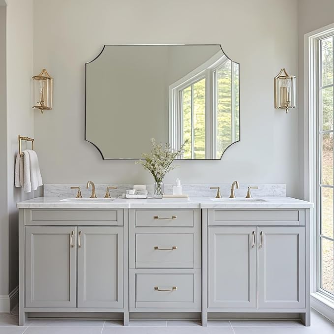 ANDY STAR Brushed Nickel Mirror 30x40 Inch, Scalloped Bathroom Mirror, Silver Bathroom Mirror in Anti-Rust Stainless Steel Metal Thin Frame Deep 1’’, Large Wall-Mounted Mirror (Horizontal/Vertical)