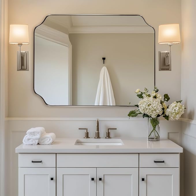 ANDY STAR Chrome Bathroom Mirror, 30x40 Inch Polished Chrome Rectangle Mirror, Scalloped Mirror for Bathroom, Anti-Rust Stainless Steel Metal Frame 1’’, Unique Shape Ideal for Home Remodel