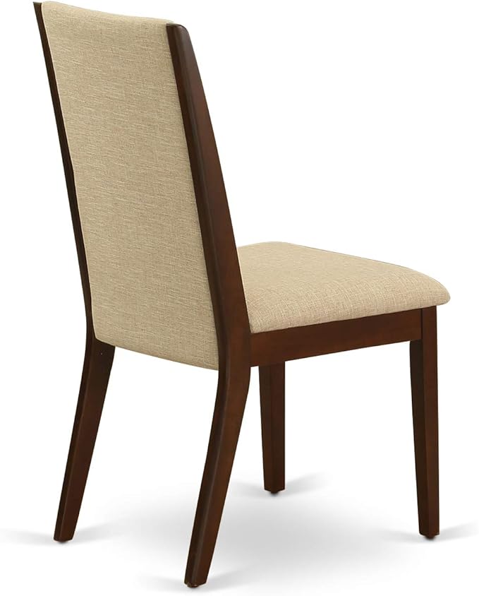 East West Furniture ESLA3-MAH-04 3 Piece Kitchen Table & Chairs Set Contains a Round Dining Room Table with Pedestal and 2 Light Tan Linen Fabric Parsons Chairs, 30x30 Inch, Mahogany