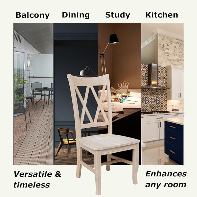 IC International Concepts, Set of 2 Double X-Back Dining Chairs, Armless, Real Wood, Kitchen/Dining/Accent, 19.9"W x 22"D x 41.3"H, 225 Lbs Wt. Capacity, DIY, Paint/Stain In Any Color, Unfinished