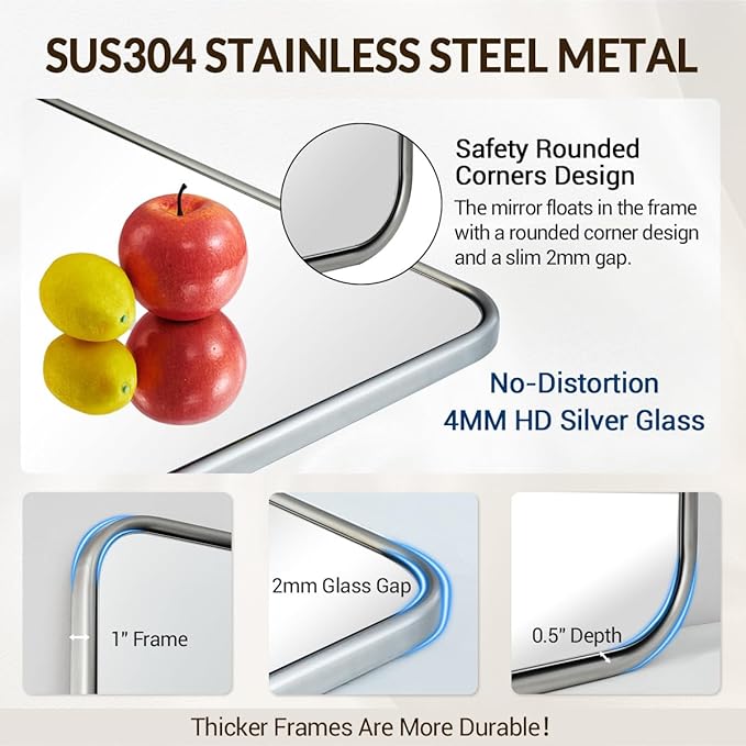 ANDY STAR Brushed Nickel Mirror, Stainless Steel Metal Frame 24x36 Inch Bathroom Mirror for Over Sink, Modern Rounded Corner Slim Silver Vanity Mirror for Wall Mounted Horizontally or Vertically
