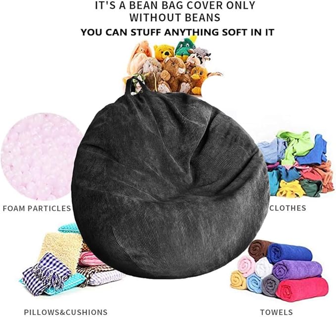 Stuffed Animal Storage Bean Bag Chair Cover (No Filler) Washable Ultra Soft Corduroy Bean Bag Cover for Organizing Plush Toys or Textile, Sack Bean Bag for Adults, Teens