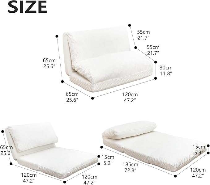 N&V Folding Matress Sofa Bean Bag Bed, Foam Filling Folding Matress Sofa, Includes Removable and Machine Washable Cover, Soft Premium Corduroy (Medium, Ivory)